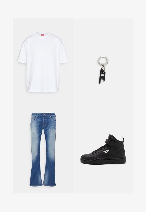 Diesel BOGGY MEGOVAL - T-Shirt print - white; Blaue, ausgebleichte Bootcut-Jeans mit leichter Abnutzung an den Vorderseiten der Oberschenkel und klassischem Fünf-Taschen-Design auf weißem Hintergrund.; Schwarze High-Top-Sneaker aus strukturiertem Leder, mit durchbrochenen Akzenten, verstellbarem Riemen und weißem Logo an der Seite. Gummisohle und gepolsterter Kragen.; Diesel Ohrringe - silver- coloured