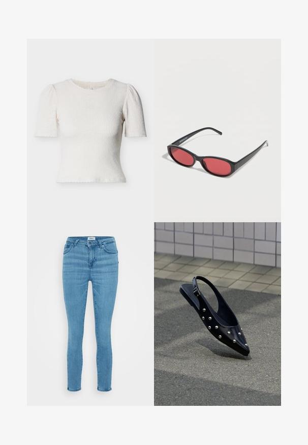 Roomkleurig geribd T-shirt met korte mouwen, een ronde hals, licht opgeblazen mouwen en een gewelfde zoom. Het materiaal lijkt textuur te hebben en lichtgewicht te zijn.; Lichtblauwe skinny jeans van denim met een gladde textuur, traditionele vijf-pocket stijl en een knoopsluiting. Eenvoudige en klassieke snit.; Zwarte puntige slingback schoen met zilveren studs, zwevend boven asfalt bij een achtergrond van betegelde muur.; Zwarte ovale zonnebril met slanke pootjes en rood getinte glazen, rustend op een witte ondergrond.
