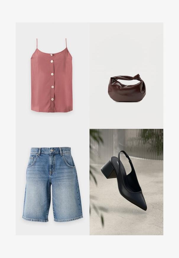 Ärmelloses, staubrosafarbenes Trägershirt mit dünnen Trägern und vier weißen Knöpfen in der vorderen Mitte auf einfarbigem Hintergrund.; Hellblaue Denim-Shorts mit geradem Schnitt, fünf Taschen und bronzefarbenen Beschlägen. Mit fransigem Saum und einer ausgewaschenen Waschung.; Schwarze Leder-Slingback-Pumps mit spitzem Zehenbereich und Blockabsatz. Glatte Textur, minimalistisches Design und verstellbarer Knöchelriemen.; Dunkelbraune Lederschultertasche mit weicher, lockerer Form und einem gedrehten Knotengriff vor schlichtem weißem Hintergrund.