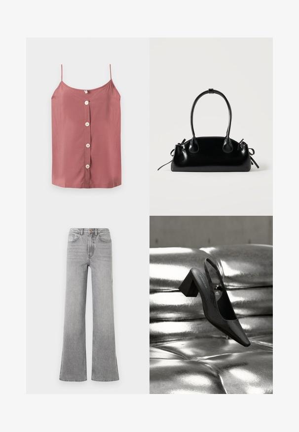 Camiseta sin mangas en tono rosa empolvado con tirantes finos y cuatro botones blancos en el centro delantero sobre un fondo liso.; Jeans de mezclilla gris de campana con una cintura alta, bolsillos delanteros, trabillas para el cinturón y un sutil diseño descolorido, presentados sobre un fondo blanco.; Tacón destalonado negro con punta en forma de pico, con superficie texturizada y tacón ancho y grueso. Colocado sobre un fondo metálico brillante.; Pequeño bolso negro brillante con dos asas largas y detalles de cordón lateral sobre un fondo claro liso.