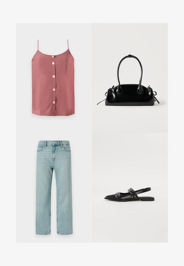 Camiseta sin mangas en tono rosa empolvado con tirantes finos y cuatro botones blancos en el centro delantero sobre un fondo liso.; Jeans de corte ancho en azul claro, confeccionados en denim, con un diseño clásico de cinco bolsillos, líneas limpias y una cinturilla regular con cierre de botón.; Even&Odd by Zalando Bailarinas con tira trasera - black; Pequeño bolso negro brillante con dos asas largas y detalles de cordón lateral sobre un fondo claro liso.