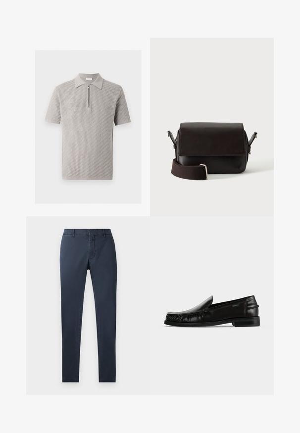 Lichtgrijs poloshirt met korte mouwen, een gestructureerd geweven patroon en een voorrits onder de kraag.; Marineblauwe broek met een slim fit, gemaakt van een katoenen mengsel. Voorzien van een standaard tailleband, een voorkeursrits en zijzakken.; Zwarte leren instapschoen met gevlochten details langs de zijkanten en een lage hak op een effen witte achtergrond.; Donkerbruine leren schoudertas met klepsluiting en verstelbare stoffen riem op witte achtergrond.