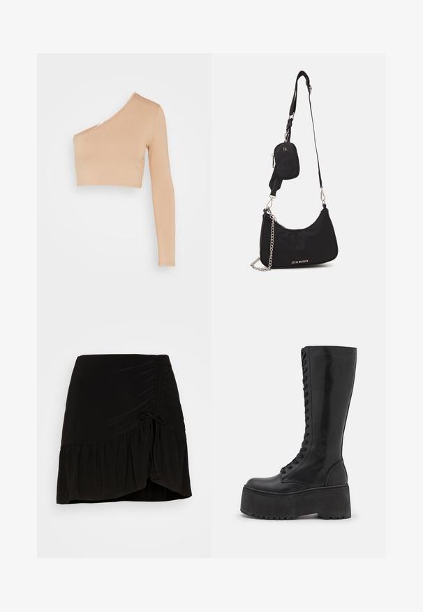 WAL G. MILLY ONE SLEEVE CROP - Langarmshirt - camel; Even&Odd Minirock - black; Zign LEATHER - Schnürstiefel - black; Schwarze Nylon-Umhängetasche mit geschwungener Form, silbernem Kettenakzent, abnehmbarem Mini-Pouch und verstellbarem Trageriemen; mit "Steve Madden"-Logo.