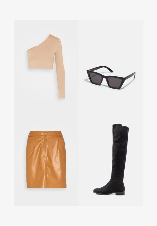 WAL G. MILLY ONE SLEEVE CROP - T-shirt à manches longues - camel; VILA VILINE SHORT SKIRT - Minijupe - toasted coconut; Bottes noires en suède haute jusqu'au genou avec une texture lisse, un bout arrondi et un petit talon carré ; design minimaliste sans quincaillerie visible.; Lunettes noires angulaires avec des verres gris ; fabriquées en plastique, avec des branches épaisses à la surface lisse et sans matériel visible.