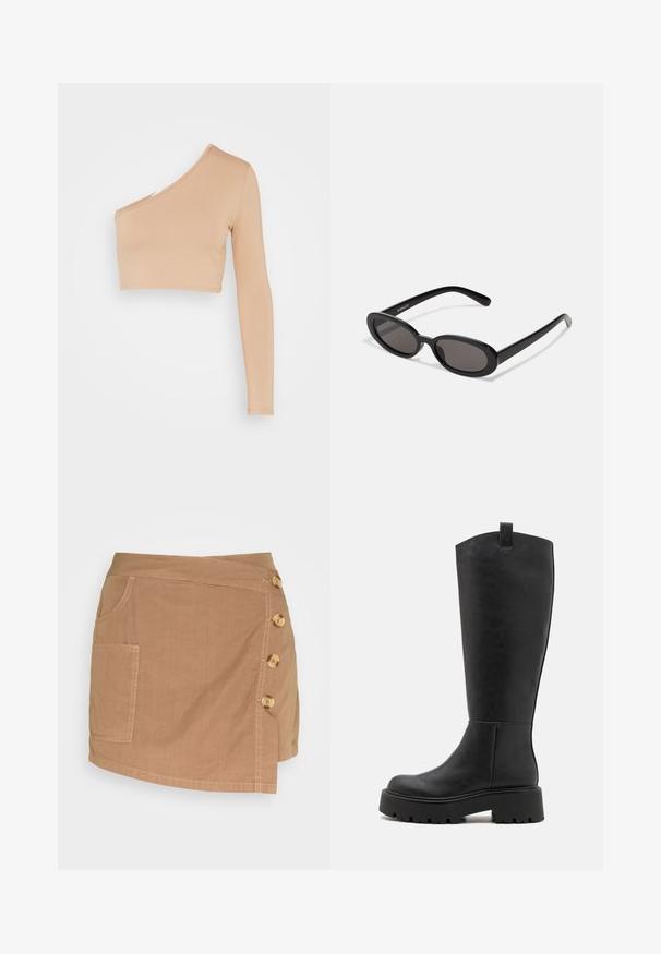 WAL G. MILLY ONE SLEEVE CROP - Langarmshirt - camel; Even&Odd by Zalando Shorts - brown; Knielange schwarze Stiefel aus Kunstleder mit einer dicken Plattformsohle, runder Zehenpartie und einer Zuglasche oben. Glatte Textur und minimalistisches Design.; Even&Odd by Zalando Sonnenbrille - black