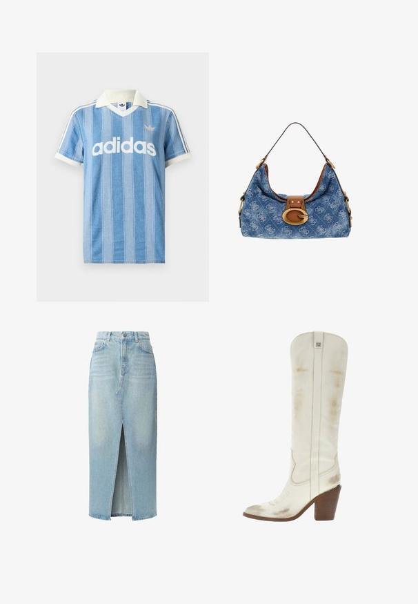 Lyseblå polo med korte ærmer og lodrette striber, hvide detaljer og en fremtrædende hvid "adidas"-logo på forsiden.; Lys blå denimnederdel med en fortil åbning, fem lomme-design og bæltestropper. Fremstillet af bomuld med en glat tekstur og let falmede detaljer.; Guess Højhælede støvler - weiß; Blå denim skuldertaske med beige logomønstre, brun læderrem og klap samt en stor guldfarvet Guess spænde foran.