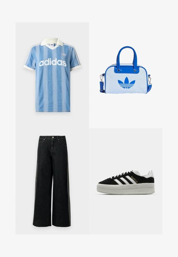 Lyseblå polo med korte ærmer og lodrette striber, hvide detaljer og en fremtrædende hvid "adidas"-logo på forsiden.; Sorte vidde denimjeans med sidelommer, forlommer, bæltestropper og en metal lynlås ved taljen.; Sort ruskind sneaker med hvide læderdetaljer, tre hvide striber, flade snørebånd og en tyk grå platformsål. Guldfarvet "Gazelle" branding.; Blå og hvid håndtaske med blank overflade, der har to blå håndtag, en aftagelig skulderrem og en markant blå logo på forsiden.
