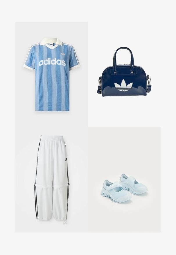 Lyseblå polo med korte ærmer og lodrette striber, hvide detaljer og en fremtrædende hvid "adidas"-logo på forsiden.; Hvide sportbukser med en afslappet pasform, elastisk talje og sorte sidelæg. Har lynlåslommer og elastiske afslutninger ved anklerne.; Lyseblå sneakers med mesh-stof, fremtrædende udskæringer i sålen og en velcro-rem på toppen for sikker pasform.; Skinnende mørkeblå håndtaske med dobbelte håndtag og justerbar rem, med en stor hvid Adidas trefoil-logo på forsiden.