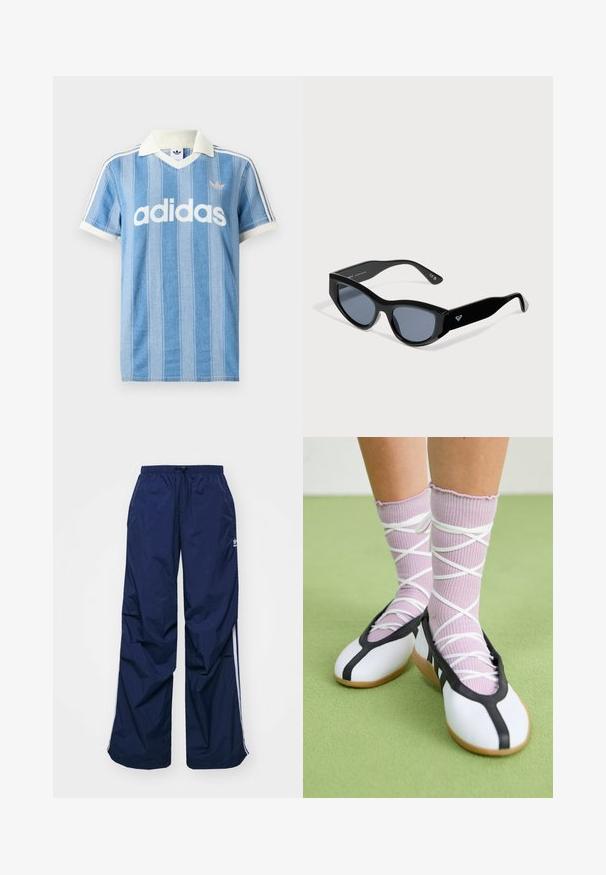 Svetlomodré polokošeľa s krátkym rukávom s vertikálnymi pruhmi, bielymi akcentmi a výrazným bielym logom „adidas“ na prednej strane.; Tmavomodré, ľahké nohavice s elastickým pásom a sťahovacou šnúrkou, so svetlými bočnými pásmi a malým logom na prednej strane. Strih voľného strihu.; Nohy v rebrovaných levanduľových ponožkách s bielymi krížovými pásmi v kombinácii s bielymi baletnými papučkami s čiernym lemom na zelenej podlahe.; Čierne slnečné okuliare v tvare mačacieho oka s tmavými šošovkami a hrubými ramenami, s malým bielym logom na jednej strane.