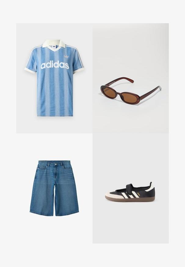 Lyseblå kortermet poloskjorte med vertikale striper, hvite detaljer og fremtredende hvit "adidas"-logo på fronten.; Blå denim shorts til knærne med knapp og glidelåslukking, frontlommer, myntlomme og beltehemper.; Svart og beige joggesko med borrelåsstropp, tre hvite striper på siden og en teksturert brun gummisåle. Merkevarelogo synlig.; Runde, brune solbriller med en blank burgunderfarvet ramme. Slanke arme med subtile brandingdetaljer. Flad linse design.