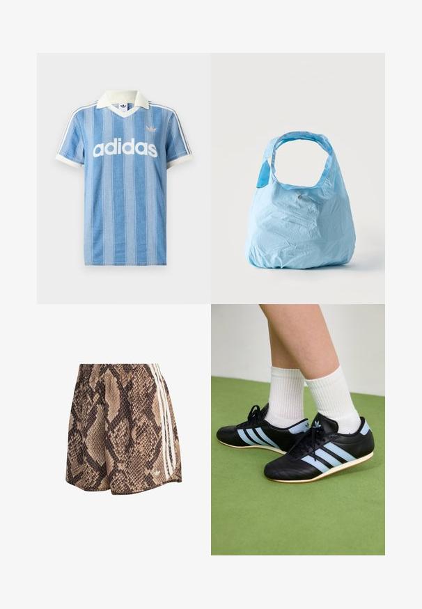 Gaiši zils īsroku polo krekls ar vertikālām svītrām, baltiem akcentiem un izceltu baltu "adidas" logotipu priekšpusē.; Brūnas un bēšs īss izstrādājums ar čūskas rakstu, elastīgu jostas daļu un trim baltām vertikālām svītrām sānos.; Melni ādas sporta apavi ar gaiši ziliem svītrām, teksturētiem augšējiem materiāliem un gumijas zoles, kopā ar baltām ribotām zeķēm uz zaļas grīdas.; Gaiši zila atkārtoti lietojama iepirkumu soma ar platām rokturiem, viegli krokaina auduma, stāv vertikāli uz vienkārša balta fona.