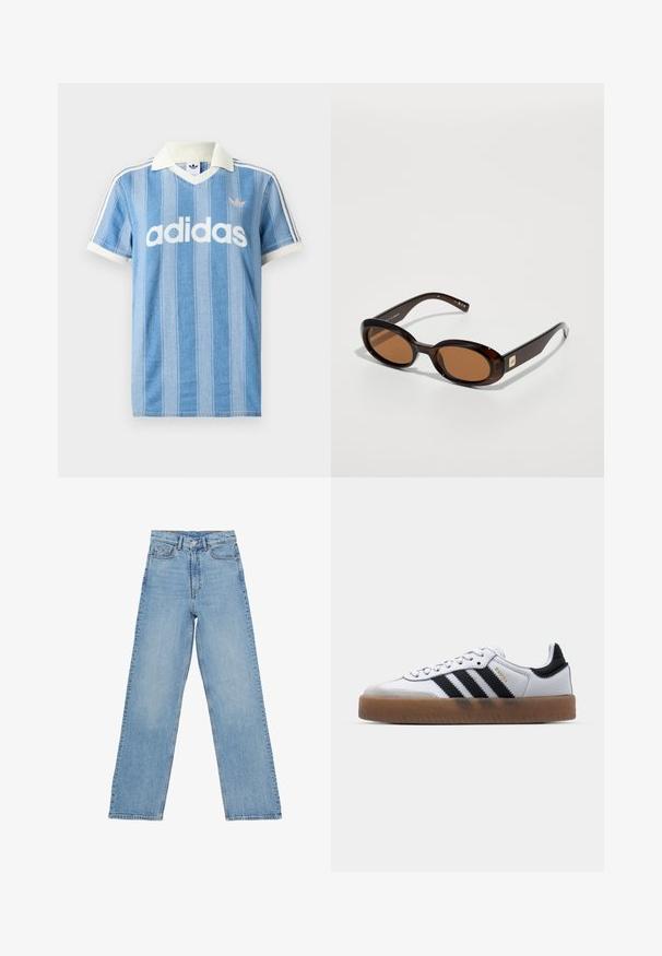 Lyseblå polo med korte ærmer og lodrette striber, hvide detaljer og en fremtrædende hvid "adidas"-logo på forsiden.; Lys blå denim jeans med høj talje, lige ben-design, der har fem lommer og en knaplukning. Ingen synlige mønstre.; Hvide lædersneakers med sorte striber, gummirubber sål, rund tå, snørelukning og blød grå ruskinds tåhætte.; Brune skildpadde-solbriller med ovale linser, der har en tynd stel og en lille metalaccent på siden. Struktureret og poleret overflade.