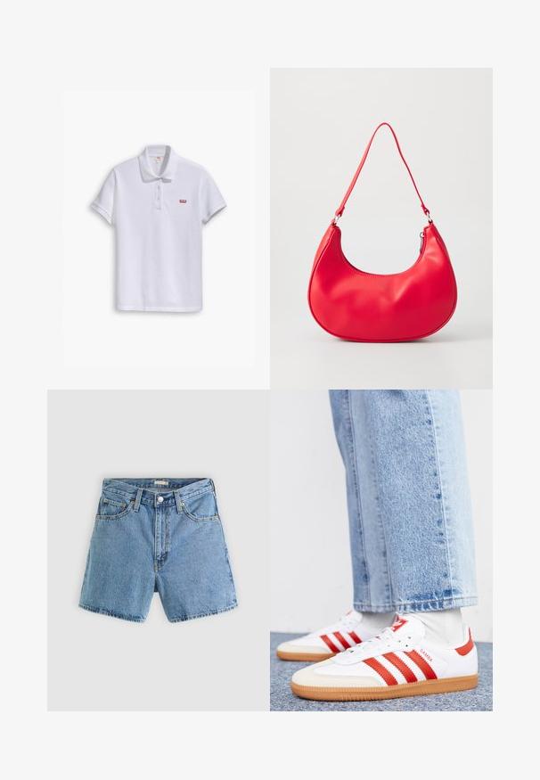Biele polo tričko vyrobené z bavlny, s klasickým golierom, trojica gombíkov a malým červeným logom Levi's na ľavej hrudi.; Svetlomodré džínové kraťasy s predným gombíkom a zipsom, s pútkami na opasok a dizajnom s piatimi vreckami na jednoliatom pozadí.; Biele kožené tenisky s červenými pruhmi a akcentmi. Majú štruktúrovanú gumovú podrážku a polstrovaný golier. Nosené s svetlomodrými džínsami.; Červená syntetická kožená taška na rameno s prekrouhleným tvarom, úzkym popruhom a zipsovým uzáverom. Hladký povrch s viditeľnými švovými detailmi.