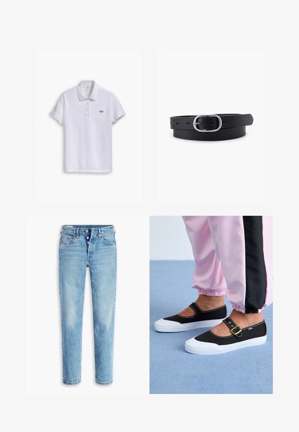 Camisa polo blanca hecha de algodón, con un collar clásico, tapeta de tres botones y un pequeño logo rojo de Levi's en el lado izquierdo del pecho.; Jeans de denim azul claro con un diseño de pierna recta, estilo de cinco bolsillos y cierre de botón. Presentan áreas deslavadas y efecto de arrugas para dar textura.; Zapatillas de lona negras con suela blanca, con un diseño recortado y una correa con hebilla dorada. Combinadas con pantalones de chándal rosas.; Cinturón de cuero negro con una textura suave, hebilla ovalada de metal plateado y múltiples agujeros de ajuste a lo largo de la correa. Diseño plano y minimalista.