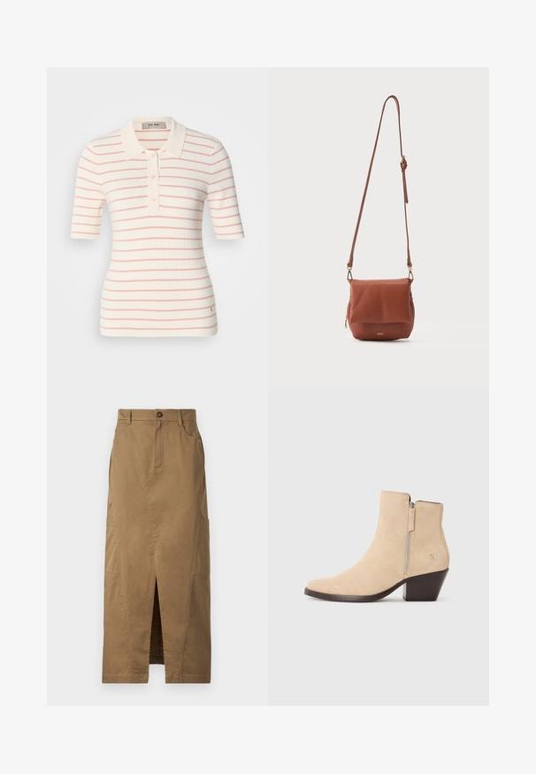 Ribbede polo t-shirt i creme med rosa striber, korte ærmer, bølget krave og tre-knap lukning. Litet logo detalje ved kanten.; Khaki maxi nederdel lavet af en bomuldsblanding, med en forklaring, sidelommer og knaplukning i taljen. Glat tekstur.; Beige suede ankelstøvle med lynlås i siden og sort stablet hæl, vist i profil på en hvid baggrund.; Brun læder crossbody taske med justerbar rem, frontklap, sidelomme med lynlås og gyldent "AGL"-logo nederst foran.