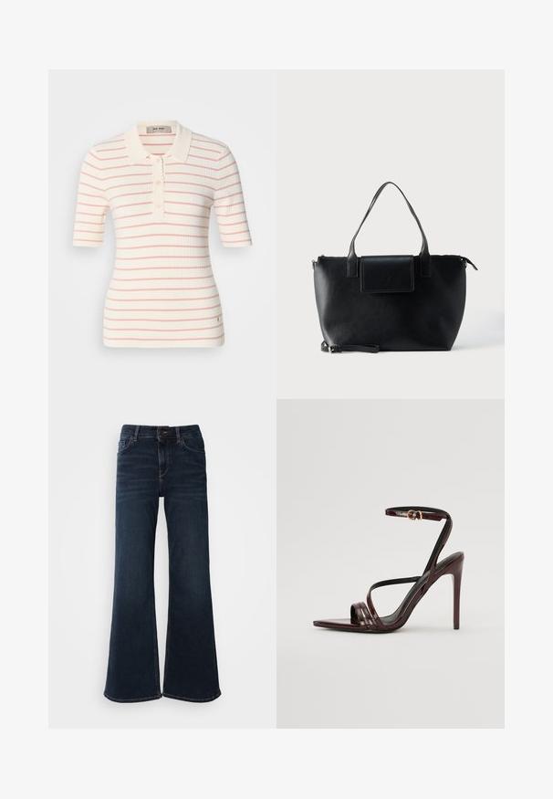 Ribbede polo t-shirt i creme med rosa striber, korte ærmer, bølget krave og tre-knap lukning. Litet logo detalje ved kanten.; Mos Mosh HERA - Flared jeans - dark blue; Bordeaux laker læder højhælede sandal med ankelrem, spids tå og tre vandrette remme over foden. Detalje med spænde i guldtonet.; Sort lædertaske med to håndtag, en aftagelig rem, magnetisk flaplukning og en glat overflade. Lynlåslukning øverst og dekorative syninger.