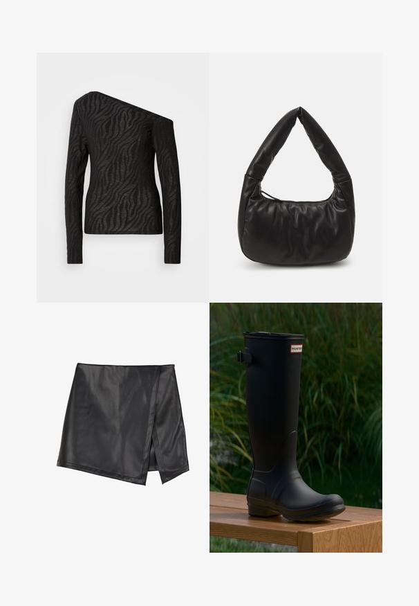 Schwarzes langärmliges Oberteil mit asymmetrischem Ausschnitt, ausgestattet mit einem Zebra-Streifen-Muster und einer durchsichtigen Textur.; Even&Odd by Zalando Minirock - black; Schwarzer Gummistiefel bis zum Knie mit runder Zehe, leichtem Absatz und einer Schnallenriemen. Auf der Vorderseite befindet sich das "HUNTER"-Logo.; Schwarze Leder-Schultertasche mit lässigem Design, ausgestattet mit einem markanten, geknoteten Griff und einem Reißverschlussverschluss. Sanfte Textur über die gesamte Fläche.