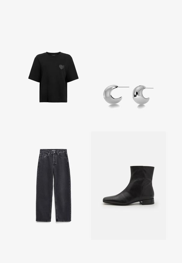 AllSaints LOVER LISA TEE - T-Shirt basic - black; Schwarze Jeans aus Denim mit geradem Bein, ausgestattet mit Fronttaschen, einem Knopfleistenverschluss und subtilen Verfärbungen im Stoff.; Schwarze Lederknöchelstiefel mit spitz zulaufender Zehe, glatter Textur, minimalistischem Design und niedrigem Blockabsatz. Der seitliche Reißverschluss reicht bis zum Knöchel.; Silberne Ohrstecker in geschwungener Halbmärchenform, mit einer polierten Oberfläche, glatter Textur und minimalistischem Design.