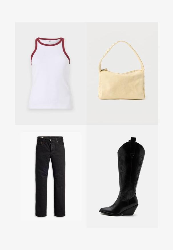 Hvid ribbet tanktop med kontrasterende maroon kant ved halsudskæringen og armhuller. Tætsiddende design med en glat tekstur og ren finish.; Sorte denimjeans med lige pasform, fem lomme-design og knaplukning. Har kobbernitter og syningsdetaljer.; Sort læder cowboystøvle med spidst tåparti, skråt blokhælhæl, dekorative sømme og trækstropper øverst mod hvid baggrund.; Lille beige læderhåndtaske med en enkelt rem og sølvnitter langs kanterne og remmen, sat mod en ensfarvet baggrund.