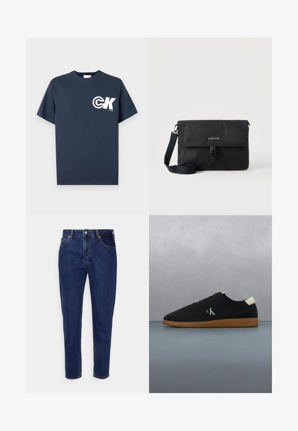 Marineblaues T-Shirt mit kurzen Ärmeln, Rundhalsausschnitt, weißem CK-Logo und "Calvin Klein"-Schriftzug auf der linken Brust.; Dunkelblaue Jeans mit geradem Bein, vorderer Knopf- und Reißverschluss, Gürtelschlaufen sowie Vorder- und Gesäßtaschen.; Schwarze Leinensneaker mit einer Gummisohle, featuring einem silbernen "cK"-Logo an der Seite und einem weißen Akzent an der Ferse. Niedrig geschnittenes Design.; Schwarze Calvin Klein Umhängetasche mit verstellbarem Schultergurt und vorne mit einer Schnalle gesicherter Klappe, vor neutralem Hintergrund präsentiert.