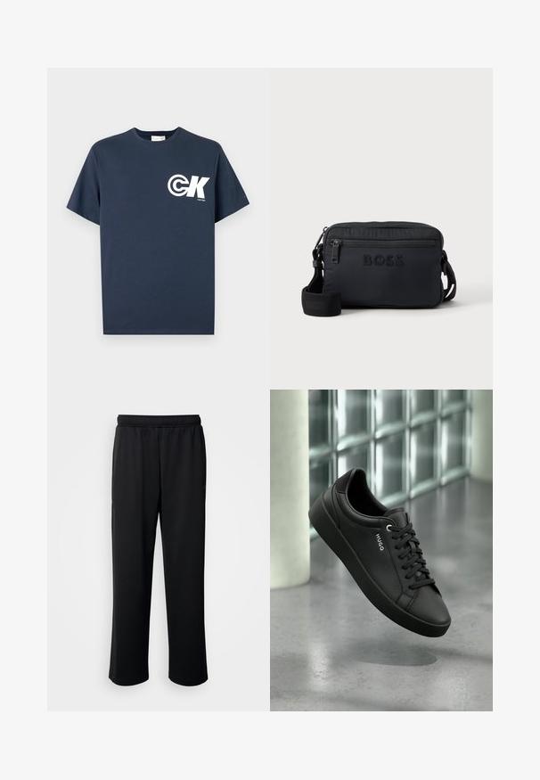 Μπλε σκούρο κοντομάνικο T-shirt με στρογγυλή λαιμόκοψη, λευκό λογότυπο CK και το κείμενο "Calvin Klein" στο αριστερό στήθος.; Μαύροι αθλητικοί παντελόνες κατασκευασμένες από μαλακό, αναπνεύσιμο ύφασμα. Διαθέτουν ελαστική μέση και ευθείες γραμμές χωρίς έντονες λεπτομέρειες ή σχέδια.; Μαύρο δερμάτινο αθλητικό παπούτσι με μαύρα κορδόνια και το όνομα της μάρκας "HUGO" στο πλάι, εμφανίζεται πάνω σε ένα μοντέρνο φόντο από γυάλινα τούβλα και σκυρόδεμα.; Μαύρο ορθογώνιο τσαντάκι χιαστί με μπροστινή τσέπη με φερμουάρ και ανάγλυφο λογότυπο BOSS, με ρυθμιζόμενο ιμάντα ώμου.