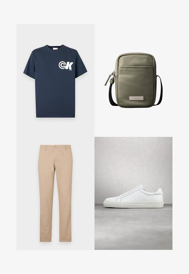 Μπλε σκούρο κοντομάνικο T-shirt με στρογγυλή λαιμόκοψη, λευκό λογότυπο CK και το κείμενο "Calvin Klein" στο αριστερό στήθος.; Μπεζ παντελόνι κατασκευασμένο από βαμβάκι με ίσια γραμμή, διαθέτοντας κλείσιμο με κουμπί μπροστά, πλαϊνές τσέπες και διακριτές υφασμάτινες λεπτομέρειες.; Λευκό αθλητικό παπούτσι με άνω μέρος από λείο δέρμα και χαμηλό προφίλ. Διαθέτει στρογγυλεμένη μύτη, έξι τρυπούλες και υφασμένη καουτσούκ σόλα.; Μικρή τσάντα χιαστί σε ελιάς με μπροστινή τσέπη, μαύρο ρυθμιζόμενο λουρί, κλείσιμο με φερμουάρ και πλακέτα με το λογότυπο Calvin Klein.