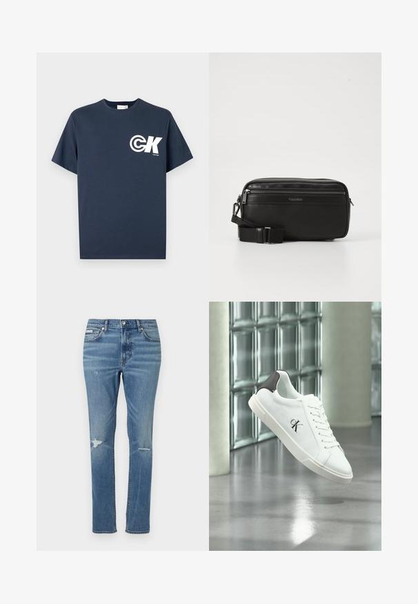 T-shirt bleu marine à manches courtes et col rond, avec logo CK blanc et texte "Calvin Klein" sur le côté gauche de la poitrine.; Jeans en denim bleu clair à coupe droite, avec des détails usés aux genoux et un style classique à cinq poches.; Baskets blanches avec languette de talon noire et logo "ck", lacées, montrées flottant au-dessus d’un sol gris brillant avec un mur en blocs de verre et des colonnes en arrière-plan.; Sac en cuir noir à bandoulière avec un compartiment zippé, surface texturée, bandoulière réglable et logo Calvin Klein à l'avant.