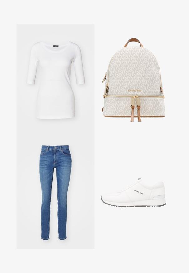 Witte aangesloten t-shirt met driekwart mouwen, zachte textuur, ronde halslijn en een accentdetail aan de zijkant nabij de zoom.; Blauwe denim jeans met een slanke pasvorm, voorzien van vijf zakken, een knoopsluiting en een lichte vervaging langs de dijen voor extra textuur.; Witte leren sneaker met een gladde textuur, grijze rubberen zool, zeven vetergaatjes en een zilveren accent op de hiel. Logo weergegeven aan de zijkant.; Witte rugzak met een patroon, tan lederen accenten, gouden hardware, ritssluiting en een gestructureerde koepelvorm. Voorzien van een logodetail aan de voorkant.