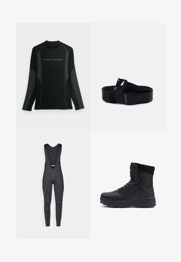Must musta pikkade varrukatega särk kõrge kaelusega, valmistatud tekstuurikast kangast. Omab halli külgpaneele ja "NIKE TECH" logo rinnal.; Vaude MENS MATERA WARM - Traksidega pikad rattapüksid - black; Musthave musta taktikaline saabas sileda nahk- ja kangapaneelidega, kõrge pahkluu disain, nööridega ees ja kõva kummitald.; Mustast nailonist vöö, millel on tekstuuriline viimistlus, musta metallist luku ja kuldsete aktsentidega. Reguleeritav pikkus, brändimine rihmal.