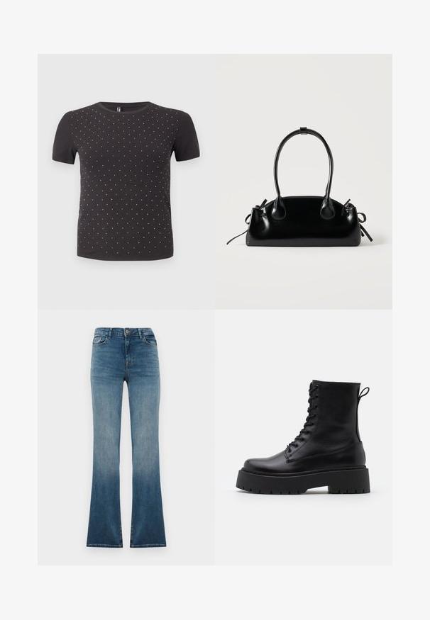 Sort kortærmet t-shirt lavet af ribbet stof, med et mønster af små, glitrende dekorationer jævnt fordelt over forsiden.; Blå denim flared jeans med en gradient fading fra mørk til lys. Har en traditionel talje, fem lommer og en frontlukning med knap.; Sorte læder ankelstøvler med rund tå, snørebånd foran og en tyk gummisål med struktureret slidbane. Hæfteløkke bagpå.; Lille sort blank håndtaske med to lange håndtag og snøre-detaljer i siden på en ensfarvet lys baggrund.