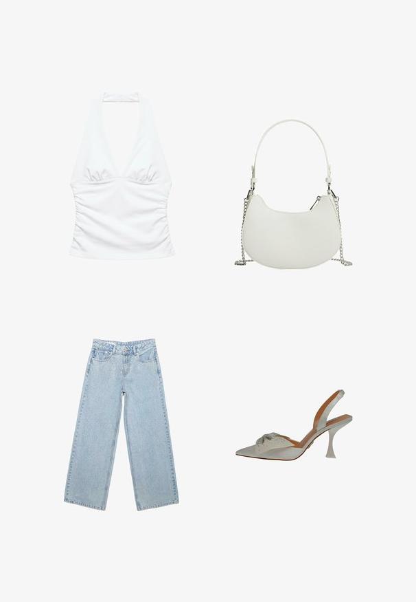 Witte mouwloze haltertop met diepe V-hals en geplooide zijkanten, ontworpen voor een aansluitend silhouet.; Lichtblauwe wijde jeans met hoge taille, steekzakken aan de voorkant, knoop- en ritssluiting, en subtiele glinsterende details aan de voorkant.; Witte satijnen slingback schoen, puntige neus, versierd met zilveren beadings. Heeft een slanke, heldere hak en een gestructureerd, decoratief detail op de bovenkant.; Witte synthetische handtas met een gebogen vorm, voorzien van een kettingriem en een minimalistisch ontwerp. Vlotte textuur met zilveren hardware accenten.