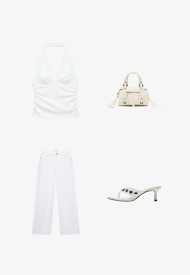 Haut blanc sans manches à col halter avec un décolleté en V profond et des côtés froncés, conçu pour une silhouette ajustée.; Jean blanc taille haute à jambes larges avec fermeture à boutons et zip, poches avant et arrière, et détails en rivets argentés.; Sandale à talon blanche de style tongs avec un talon fin de hauteur moyenne et quatre gros clous ronds noirs sur la bride.; Petit sac à main blanc avec poignées tressées, poche zippée à l'avant et longs détails en pampilles sur les côtés, présenté sur un fond blanc.
