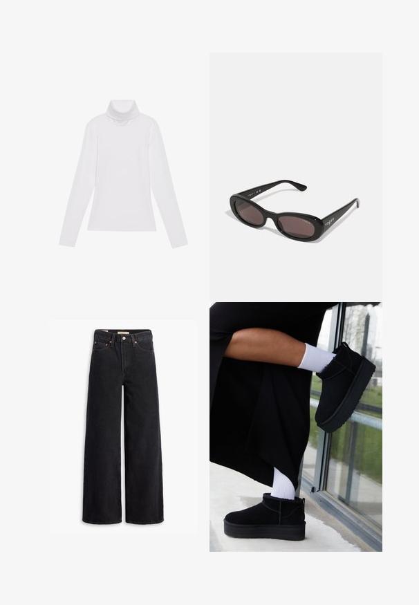 Hvid langærmet turtle-neck top lavet af glat, strækbart stof. Har en høj krave og tætsiddende design, uden synlige mønstre eller udsmykninger.; Sorte brede benjeans lavet af denim, med fem lommer, kobbernitter og en klassisk knaplukning. Glat tekstur med et rent design.; Sorte suede ankelstøvler med flad sål, med en bageste træksløjfe, båret med hvide ankelstrømper mod en minimalistisk baggrund.; Sorte solbriller med ovale rammer, mørkt tonede linser og "vogue" trykt i hvidt på de ydre arme. Glat plastmateriale.
