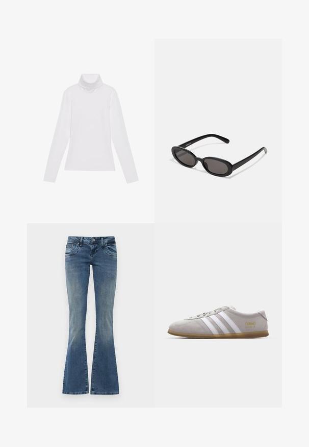 Weißes Langarm-Turtleneck-Oberteil aus glattem, elastischem Stoff. Mit hohem Kragen und tailliertem Schnitt, ohne sichtbare Muster oder Verzierungen.; Ausgeweitete blaue Jeans aus Denim mit einer ausgewaschenen Optik, ausgestattet mit Fronttaschen, einem Knopfverschluss und dezenten Abnutzungen am Knie.; Graue Wildleder-Sneaker mit weißen Lederstreifen und goldenen Logodetails. Flache Gummisohle, abgerundete Zehenpartie und klassisches Schnürverschlussdesign.; Even&Odd by Zalando Sonnenbrille - black