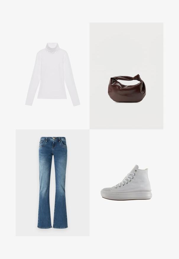 Witte lange mouw turtleneck top gemaakt van glad, elastisch materiaal. Voorzien van een hoge kraag en een getailleerd ontwerp, zonder zichtbare patronen of versieringen.; Flared denim jeans in medium blue met contrasterende stiksels, vijf zakken en een klassieke knop- en ritssluiting.; Witte hoge canvas sneaker met witte veters, metalen oogjes, dikke rubberen zool en gestructureerde neuskap, naar links gericht op een witte achtergrond.; Donkerbruine leren schoudertas met een zachte, slungelige vorm en een gedraaide knoopvormige handgreep op een effen witte achtergrond.