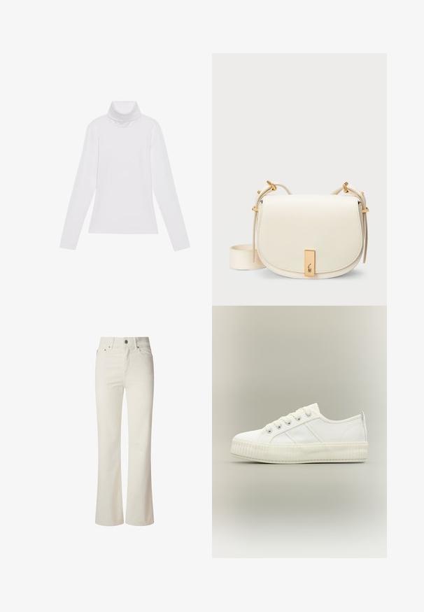 Hvid langærmet turtle-neck top lavet af glat, strækbart stof. Har en høj krave og tætsiddende design, uden synlige mønstre eller udsmykninger.; Hvide flagrende jeans lavet af denim. Har en høj talje, fem lommer og metallisk knaplukning. Glat tekstur uden synlige mønstre.; Hvid lavtop sneaker med tyk ribbet sål, snørelukning foran og trækflap på hælen mod en neutral baggrund.; Cremfarvet læder crossover taske med en buet klap, guldfarvet hardware og en elegant logo plade. Med struktureret overflade og justerbar strop.