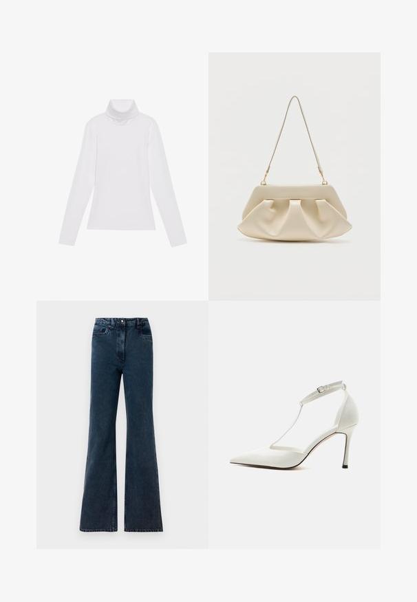 Hvid langærmet turtle-neck top lavet af glat, strækbart stof. Har en høj krave og tætsiddende design, uden synlige mønstre eller udsmykninger.; Mørkeblå højtaljede viddejeans med forlommer, bæltestropper og knaplukning.; Hvid spids højhælet sko med tynd ankelrem og spænde, glat finish og slank stilethæl på ensfarvet baggrund.; Kremfarvet blød clutch-taske med samlet plissering og en tynd skulderrem med guldfarvet hardware.