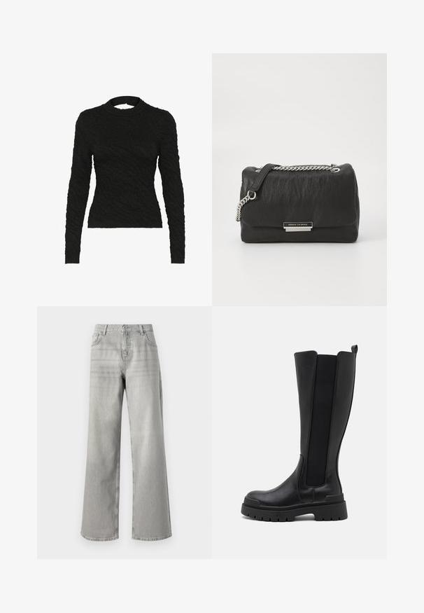 Sort langærmet top med et tekstureret design. Høj hals og tætsiddende form, med subtil glans og en markant udskæring detalje på ryggen.; Grå, bredbenede jeans med høj talje, lavet af denim. Har to forlommer og et rent, udekoreret design.; Even&Odd Plateaustøvler - black; Sort læderhandtaske med en tekstureret overflade, kædestrop og sølvhardware. Har en rektangulær form og en logo-ikke på forsiden.