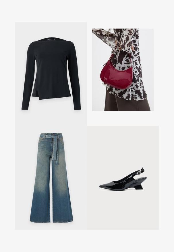 Blusa negra de manga larga hecha de tejido suave, con un cuello alto y un dobladillo asimétrico con aberturas laterales para un diseño moderno.; Pantalones de mezclilla de pierna ancha con un degradado de azul claro a oscuro, cintura alta, trabillas para cinturón y un cinturón de tela a juego. Acabado de mezclilla texturizada.; Zapato slingback de cuero charol negro con puntera puntiaguda y tacón bajo en bloque inclinado sobre fondo claro liso.; Mujer con blusa de estampado en blanco y negro sosteniendo un bolso de hombro rojo brillante sobre un fondo liso.