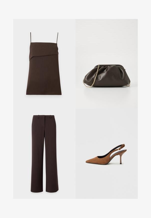 Robe mini marron foncé sans manches avec fines bretelles spaghetti et encolure droite avec détail de tissu superposé.; Pantalon large marron foncé avec passants pour ceinture et fermeture avant dissimulée, présenté à plat sur fond blanc.; Escarpins slingbacks en daim marron avec un bout pointu, un talon aiguille fin et une boucle en accent sur la bride. Finition texturée.; Sac à main en cuir marron avec un design froncé, une bandoulière en chaîne dorée et une finition douce et texturée. Sa forme compacte est idéale pour une utilisation en soirée.