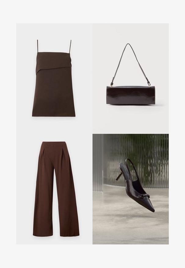 Vestido mini marrón oscuro sin mangas con tirantes finos de tipo espagueti y escote recto con detalle de tela en capas.; Pantalones de pierna ancha en tela marrón oscuro, con cintura alta, pliegues en la parte delantera y una textura suave. Adecuados para diversas ocasiones.; Zapato de tacón alto tipo slingback negro y brillante con punta puntiaguda y una pequeña hebilla decorativa, flotando sobre un suelo de hormigón con un fondo de vidrio texturizado.; Bolso rectangular de cuero negro con una sola correa larga y acabado brillante, exhibido sobre un fondo blanco liso.