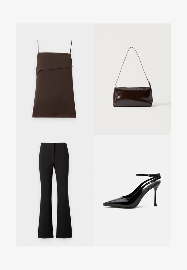 Robe mini marron foncé sans manches avec fines bretelles spaghetti et encolure droite avec détail de tissu superposé.; Pantalon évasé noir en tissu lisse, présentant un pli frontal, des passants de ceinture et une coupe ajustée. Design épuré sans motifs visibles.; Escarpin slingback en cuir verni noir à talon haut, bout pointu et doubles brides de cheville avec boucles argentées.; Sac à bandoulière rectangulaire en cuir marron foncé avec une seule sangle fine et une boucle dorée sur un fond uni.