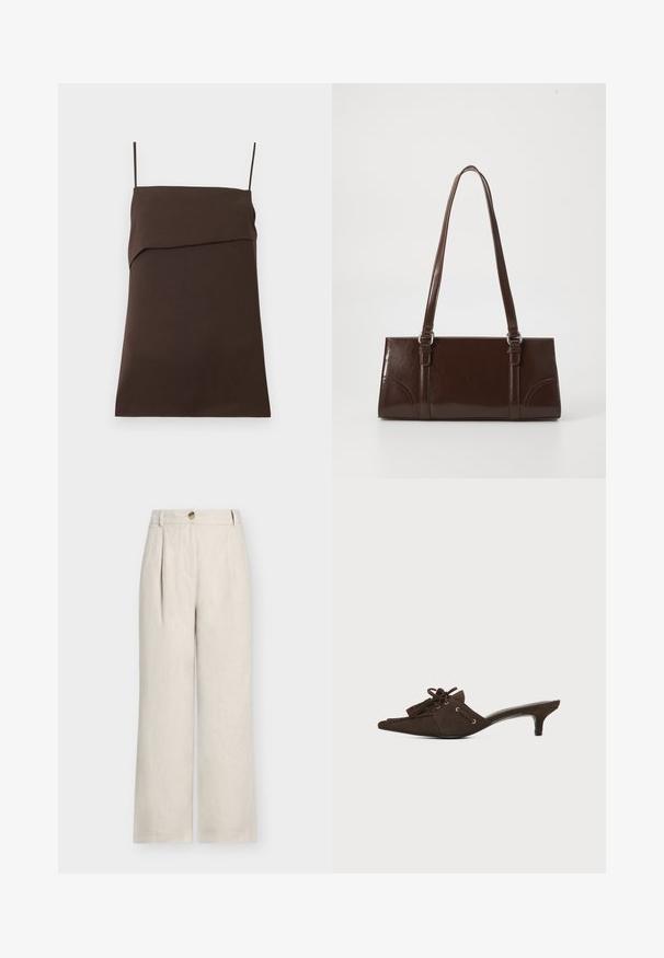 Robe mini marron foncé sans manches avec fines bretelles spaghetti et encolure droite avec détail de tissu superposé.; Pantalon en lin beige taille haute à jambes larges, avec passants pour ceinture, fermeture par boutons et plis devant.; Mule en daim marron avec bout pointu, petit talon kitten, lacets noués en nœud et détails à pompons sur fond blanc.; Sac à main en cuir verni marron de forme rectangulaire, avec deux longues poignées et des accents courbés subtils à l'avant.
