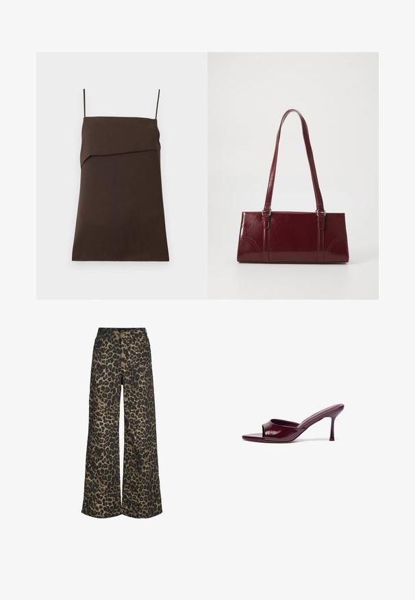 Vestido mini marrón oscuro sin mangas con tirantes finos de tipo espagueti y escote recto con detalle de tela en capas.; Pantalones de pierna ancha con un estampado integral de leopardo marrón y negro y cierre frontal con botones y cremallera.; Sandalias deslizantes de charol burdeos de punta abierta con forma curvada y un delgado tacón de aguja. Textura suave con detalles mínimos.; Bolso burdeos hecho de material brillante, de forma rectangular, con dos asas para el hombro y sutiles acentos curvados en la parte frontal.