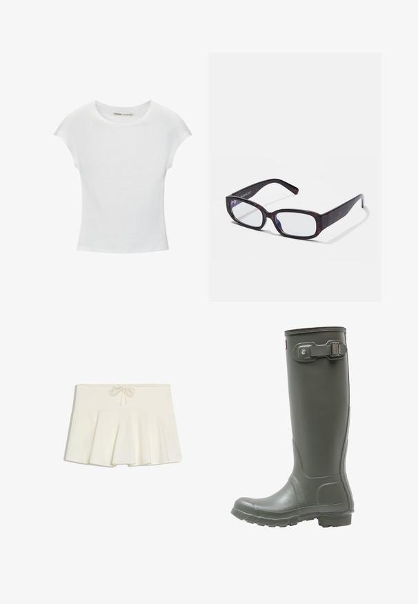 T-shirt en coton blanc avec manches courtes retroussées, encolure ronde et ourlet droit. Texture lisse sans motifs ni accents visibles.; Mini-jupe plissée blanche avec une taille à cordon et un tissu doux et structuré, posée à plat sur un fond blanc.; Bottes de pluie hautes en caoutchouc vert avec une semelle texturée, un bout rond, une boucle ajustable sur le côté et une finition lisse.; Lunettes rectangulaires en écaille de tortue brune avec des verres transparents et des branches épurées, présentant une texture lisse et un design minimaliste.