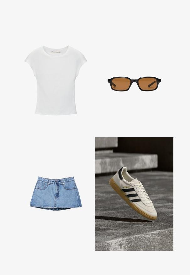 T-shirt en coton blanc avec manches courtes retroussées, encolure ronde et ourlet droit. Texture lisse sans motifs ni accents visibles.; Mini-jupe en jean bleu avec boutons à l'avant, fermeture éclair, passants pour ceinture et deux poches avant sur fond blanc.; Baskets Adidas Spezial blanches avec des rayures noires et une semelle en gomme flottant au-dessus de marches en pierre grises à l'extérieur.; Lunettes de soleil rectangulaires noires avec des montures épaisses et des verres teintés marron, vues de face sur un fond blanc.