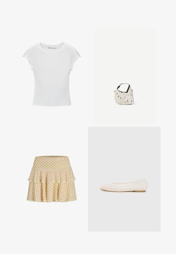 T-shirt en coton blanc avec manches courtes retroussées, encolure ronde et ourlet droit. Texture lisse sans motifs ni accents visibles.; Jupe beige à volants avec des pois marron, ourlet évasé et taille froncée.; Chaussure plate blanche avec un design en maille, un bout pointu et une semelle basse et plate. Tige texturée avec une doublure lisse et une bordure de contraste subtile.; Petit sac à main blanc avec des taches marron, forme triangulaire arrondie, doublure intérieure noire et bandoulière courte réglable avec boucle argentée.