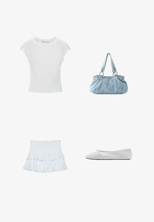 T-shirt en coton blanc avec manches courtes retroussées, encolure ronde et ourlet droit. Texture lisse sans motifs ni accents visibles.; Jupon blanc à plusieurs niveaux en tissu doux et léger. Il présente une taille smockée et des volants fluides qui créent du volume et du mouvement.; Ballerine blanche à bout pointu avec un petit nœud sur le dessus et une semelle basse et plate.; Sac à main en denim bleu clair avec deux bretelles attachées à des anneaux métalliques et des rivets décoratifs à l'avant et sur les côtés.