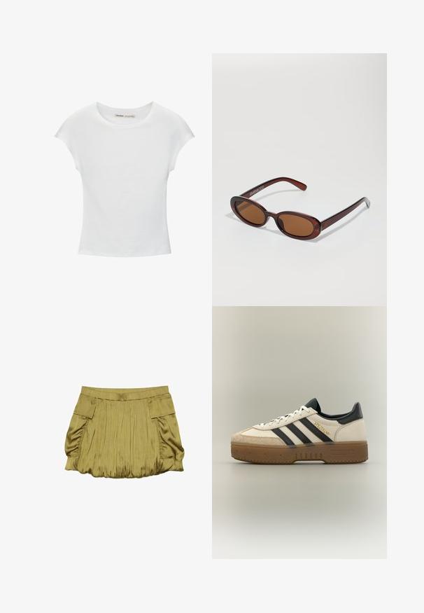 T-shirt en coton blanc avec manches courtes retroussées, encolure ronde et ourlet droit. Texture lisse sans motifs ni accents visibles.; Jupe courte vert olive avec tissu froncé, taille élastique et deux poches à rabat sur les côtés.; Baskets blanches Adidas avec bandes noires, bout en daim beige, semelle marron et "SPEZIAL" en lettres dorées sur le côté.; Lunettes de soleil rondes teinte brun avec une monture bordeaux brillante. Branches fines avec un détail de marque subtil. Design de verres plats.