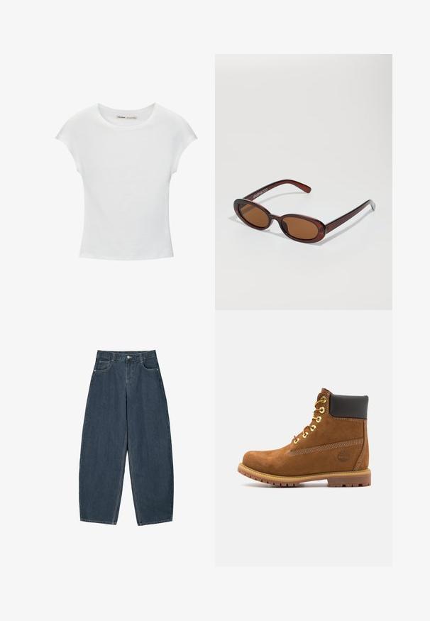 Witte katoenen T-shirt met korte, opgerolde mouwen, een ronde halslijn en een rechte zoom. Gladde textuur zonder zichtbare patronen of accenten.; Donkerblauwe denim wijde broek met hoge taille, voorzien van vijf zakken en zichtbare stikseldetails. Schoon, minimaal ontwerp.; Bruine suède enkellaars met zwarte gewatteerde kraag, gouden oogjes, vetersluiting aan de voorkant en een rubberen zool met een gestructureerd patroon.; Ronde, bruin getinte zonnebril met een glanzend bordeauxrood frame. Slanke pootjes met subtiele merkdetails. Vlakke lensontwerp.